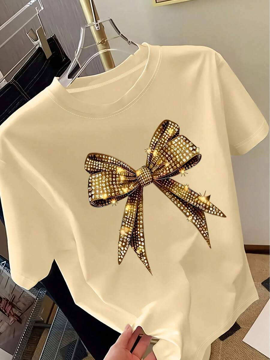 Women's T-Shirt With Bow Print Y2K - Short Sleeve T-Shirt With Round Neck And Shiny Decorative Pattern, Casual Spring/Summer Top With Round Neck, Women's T-Shirt, Regular Fit - 杏2 - 查看 1