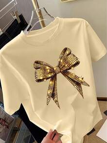 Women's T-Shirt With Bow Print Y2K - Short Sleeve T-Shirt With Round Neck And Shiny Decorative Pattern, Casual Spring/Summer Top With Round Neck, Women's T-Shirt, Regular Fit - 杏2 - 查看 7