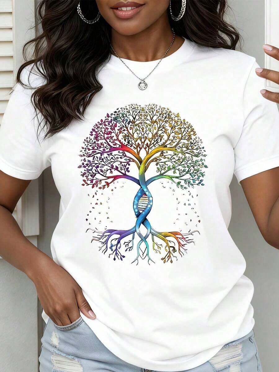 Women's White T-Shirt With Colorful Tree Of Life Design - Unisex Urban Vintage Style, 100% Cotton Short Sleeve T-Shirt With Round Neck - 白色 - 查看 1