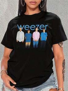 Camiseta de Cuello Redondo con Foto de la Banda Weezer Blue Album, Negra, Talla Grande, Estampado Casual Diario para Mujer, Ropa de Algodón para Mujer, 100% Algodón - Negro - Ver 1