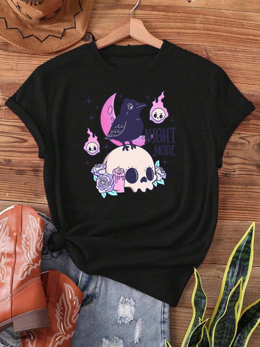 Camiseta Deportiva Casual para Mujer - Camiseta Negra Elástica de Cuello Redondo con Colorido Diseño de Calavera de Pájaro de Caricatura y Rosas, Lavable aáquina, Ajuste Cómodo y Perfecta para Todas las Estaciones, para Amantes del Estilo Alternativo. - Negro - Ver 1