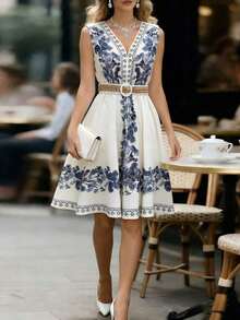 Vestido maxi floral de estilo vacacional decorativo, adecuado para uso diario, elegante y romántico con cuello en V profundo y cinturón para mujeres - Multicolor - Ver 1