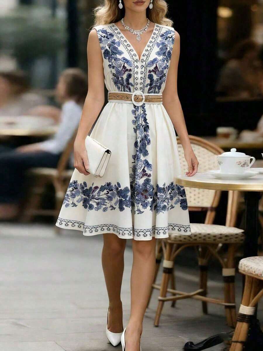 Vestido maxi floral de estilo vacacional decorativo, adecuado para uso diario, elegante y romántico con cuello en V profundo y cinturón para mujeres - Multicolor - Ver 1