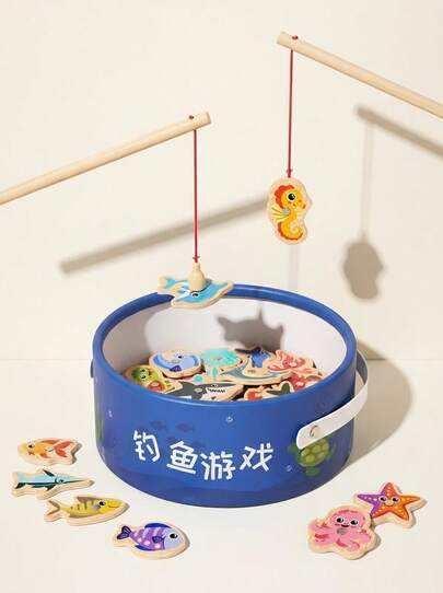 MINKOJA Wooden Children's Ocean Fishing Toy, Baby Early Education Puzzle Cartoon Fun Magnetic Marine Biology Cognitive Simulation Fishing Set (15 Bags Of Small Fish Randomly Assigned)