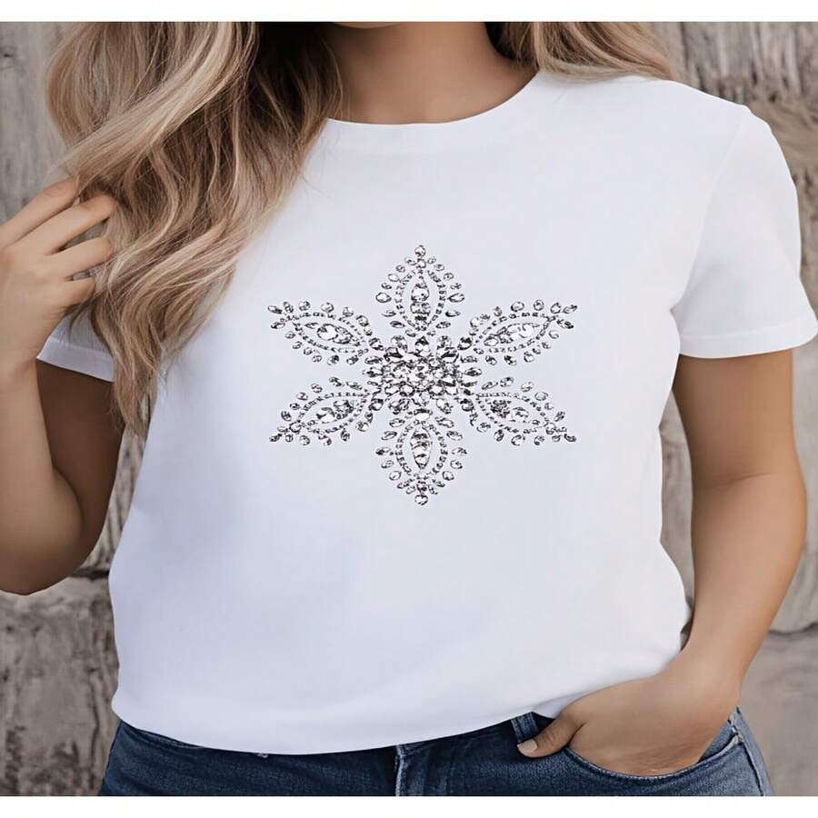 Camiseta de mujer con copos de nieve, moda casual, ropa para fiestas de invierno y festividades, 2D blusas bonitas para mujer, camiseta de mujer de Diseño holgado casual, holgada y ligeramente extendida S-XXXL - Blanco - Ver 1