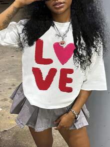 Women's Casual T-Shirt, Short Sleeve Casual T-Shirt With "LOVE" Letter Print, Round Neck, Polyester Knit Top, Summer And Spring Fashion, 95% Polyester 5% Elastane, Fabric Weight 180g/M², 100% Cotton, Durable - 白色 - 查看 8