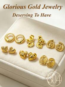 12 Pieces / 6 Pairs Of Summer Beach Vacation Accessories. Elegant Gold Stud Earrings Set, Including Threaded Hoop Earrings, Pleated Leaf Earrings, Spiral Vortex Earrings, Horizontal Striped Heart Earrings, Hammer Pattern Heart Earrings, Multi-Layer Hoop Earrings. 18K Gold-Plated 304 Stainless Steel Hypoallergenic Earrings - Stainless Steel Set - View 4