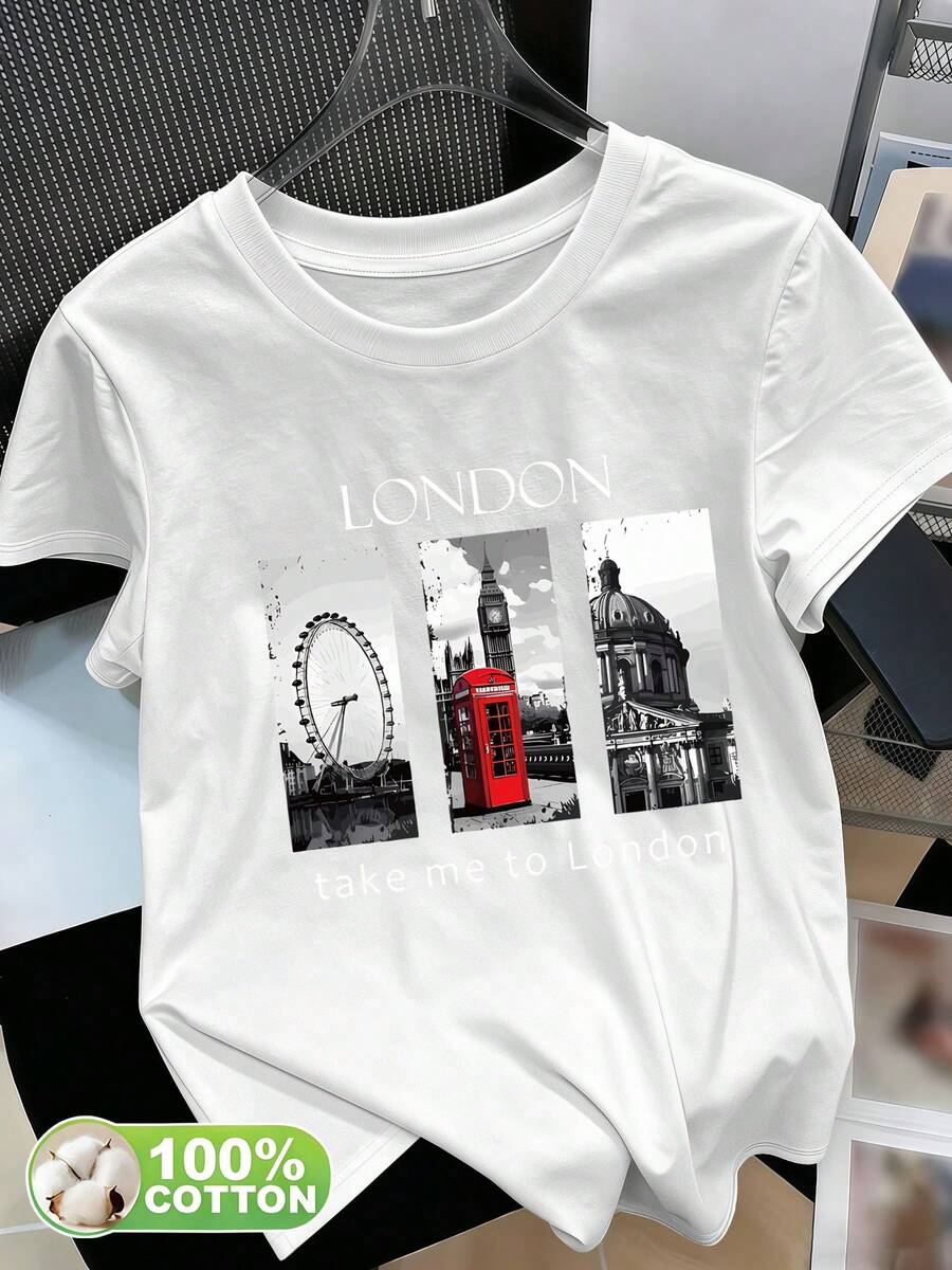 Camiseta 100% de mujer, manga corta con cuello redondo y estampado de edificios emblemáticos de Londres y cabina telefónica roja, nueva camiseta de primavera/verano, top casual de moda, moderno, para ir al trabajo, vacaciones, uso diario versátil, Día de la Madre/Aniversario/10 de mayo