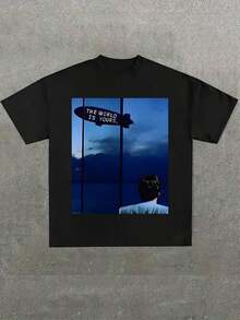 Camiseta de algodón 100% para hombre de talla grande, con estampado gráfico de la película Tony Montana The World Is Yours (1 pieza), cuello redondo, manga corta, 220g, para salir, regalo, verano, unisex. - Negro - Ver 9
