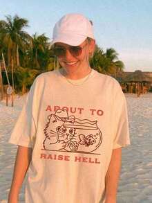Oversized T-Shirt With A Cute Cat Design. Cowboy Shirt. Western Style Shirt. Boho Graphic Tee For Cat Lovers, Casual Short-Sleeve Crew Neck Print Tee For Women, Cute Casual Top, Mother's Day Gift For Mom. Casual Short-Sleeve Crew Neck Graphic Tee For Women (Holiday Season) Breathable And Comfortable. - 白色 - 查看 2