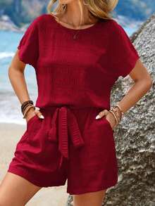 Conjunto de top de manga corta y pantalones cortos de unicolor para mujer, ideal para vacaciones - Burdeos - Ver 6