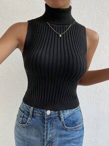 Top de cuello tortuga tejido de canalé - Negro - Ver 6