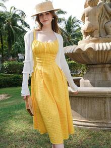 casual de verano elegante para mujer con tirantes anchos y lazo delantero a cuadros - Amarillo - Ver 7