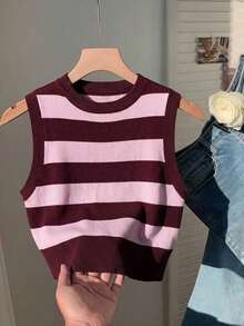 Suéter de punto crop de estilo minimalista y casual de azul marino a rayas para mujer - Multicolor - Ver 7