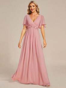 Elegante vestido de dama de honor de gasa con cuello en V, mangas con volantes bordados y plisados, vestido de noche formal para invitados de boda - Rosa 2 - Ver 5