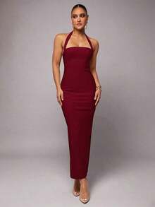 Vestido de lino y algodón con cuello halter, volantes en el bajo, color liso marfil, para Día de San Valentín, citas, vacaciones, fiesta, dama de honor, baile, vida diaria, cumpleaños, vacaciones - Burdeos - Ver 1