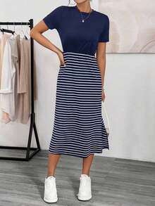 Vestido informal de verano para mujeres, vestido de ajuste ceñido a bloques de color con rayas y aberturas laterales, vestido midi, vestido básico de camiseta, vestido de verano para mujeres, vestido a rayas - Azul marino - Ver 4