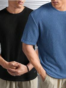 Set Of 2 Oversized Casual Basic Plain Straight Black/Multicolor T-Shirts - 黑色和藍色牛仔褲 - 查看 1