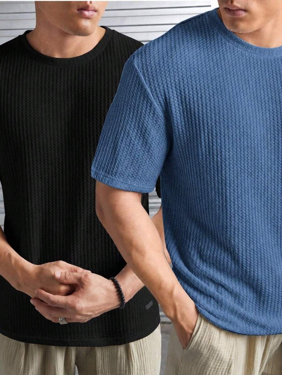 Set Of 2 Oversized Casual Basic Plain Straight Black/Multicolor T-Shirts - 黑色和藍色牛仔褲 - 查看 1