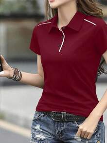 Camiseta sencilla de manga corta con estampado de color contrastante para mujer - Rojo - Ver 3