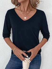 Camiseta de manga larga con cuello en V regular y estilo minimalista casual, adecuada para otoño/invierno - Azul marino - Ver 4