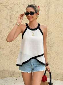 Frenchy Blusa de diseño sencillo con cuello redondo y ribete de contraste sin mangas, Parte superior sin mangas con diseño de ribete de color block y bajo asimétrico, Tela de textura de lino slub, Camiseta sin tirantes envolvente de cuello halter de nicho versátil, Blusa blanca, Fresca y artística, Para vacaciones de verano, Elegante blusa de mujer, Parte superior para dama de honor, Parte superior para fiesta - Albaricoque 2 - Ver 5