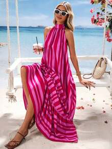 Vestido de mujer con tirantes de espagueti con estampado de rayas tejidas, ropa de verano, Día de San Valentín, atuendos de vacaciones para mujer, atuendos de playa para mujer, festival, romántico, bohemio, BOHO, dulce, atuendos de rave festiva - Rosa - Ver 7