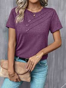 Camiseta casual de mujer con cuello redondo y detalle de botones - Morado - Ver 3