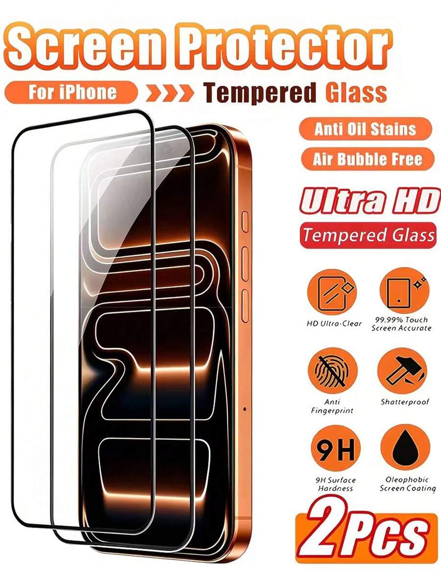 2 buah Pelindung Layar Kaca Tempered Definisi Tinggi, Kompatibel dengan iPhone 17 Pro Max/17 Pro/17 Air/17/16 Pro Max/16 Pro/16 Plus/16E/16/15 Pro Max/14 Pro Max/13 Mini/12/11 Series, Perlindungan Layar Penuh, Anti Sidik Jari, Anti Jatuh, Anti Gores, Kekerasan 9H, Pelindung Layar Ponsel, Aksesori Ponsel, Cocok untuk Casing Ponsel