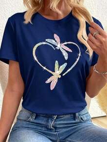 This Casual T-Shirt Features A Simple Print, A Round Neck, And Short Sleeves. The Classic, Basic Design Is Universally Flattering, And The Loose, Relaxed Fit Feels Comfortable And Breathable. The Fine, Soft Texture Is Soft Against The Skin And Breathable, So It Won't Pill Or Lose Its Shape Over Time. The Subtle, Elegant Print Design Is A Must-Have For Summer. This Versatile Piece Pairs Perfectly With All Kinds Of Bottoms-You Can't Go Wrong. - 藏蓝色 - 查看 6