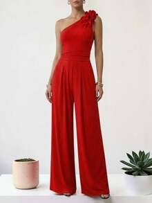 Women's Elegant One-Shoulder Palazzo Jumpsuit Dress, Long Jumpsuit, Formal Outfit For Party, Wedding, Graduation - 紅色 - 查看 1