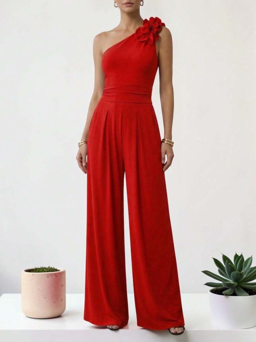 Women's Elegant One-Shoulder Palazzo Jumpsuit Dress, Long Jumpsuit, Formal Outfit For Party, Wedding, Graduation - 紅色 - 查看 1