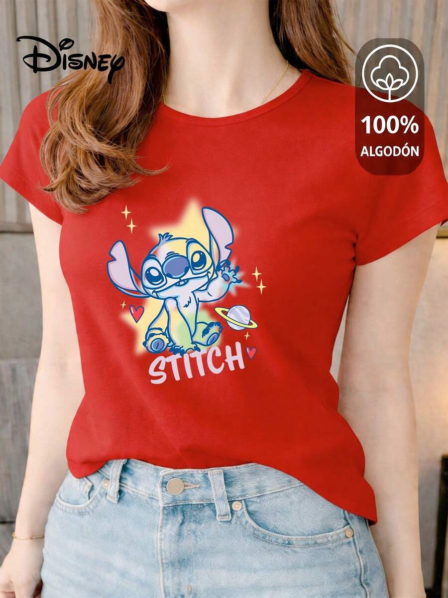 Women's T-Shirt Made Of 100% High-Quality Cotton. This T-Shirt Guarantees Exceptional Softness To The Touch, With A Round Neck, "Disney Stitch Galactic" Print, And Short Sleeves. - 紅色 - 查看 1