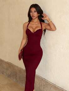 Women's Beach Dress, Summer Elegant Sexy Party V-Neck Waist-Defining Bodycon Dress, Women's Independence Day Outfit, Vacation, Birthday Party, Wedding, Holiday, Gathering - Burgundy - View 6