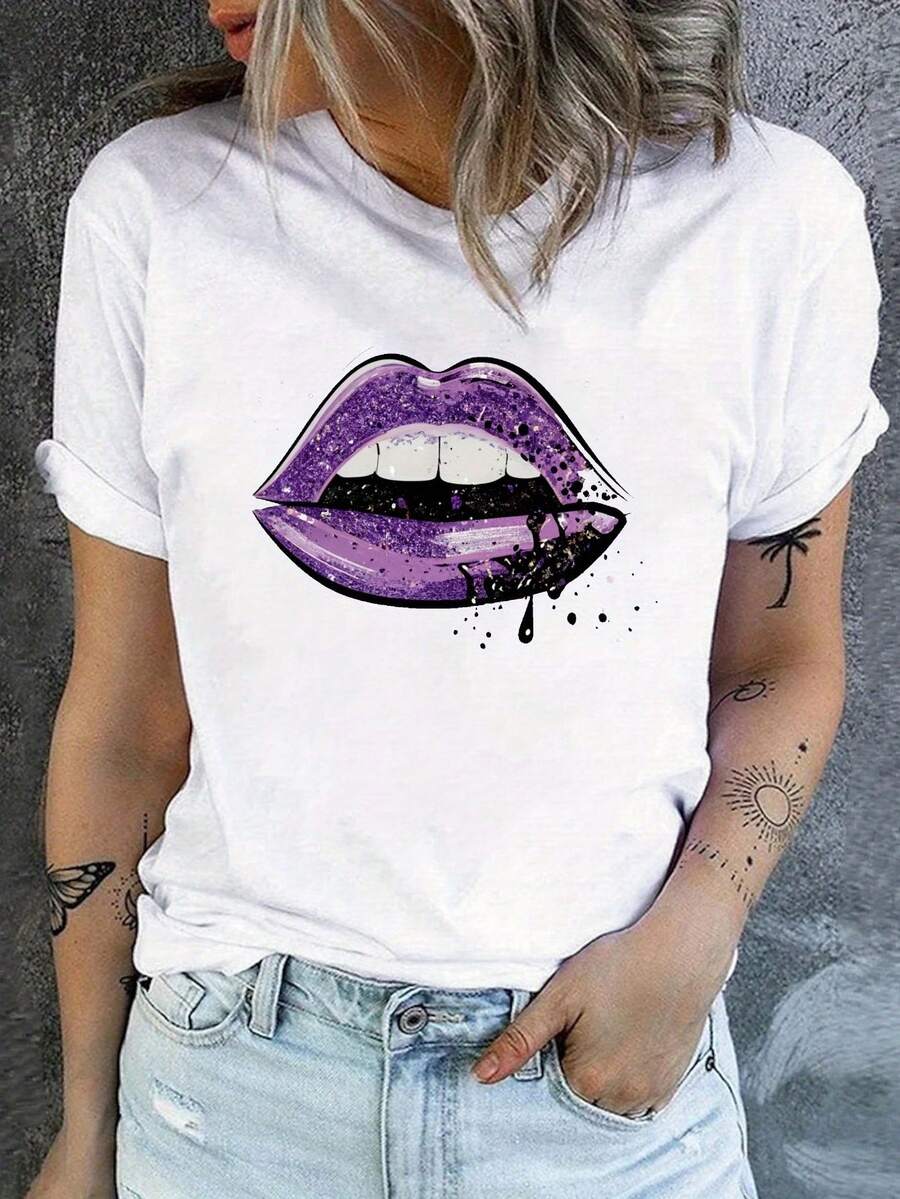 Camiseta con Estampado de Labios y Cuello Redondo, Blusa Casual de Manga Corta para Primavera/Verano, Ropa de Mujer, Blusas Para Mujer Casual - Blanco - Ver 1