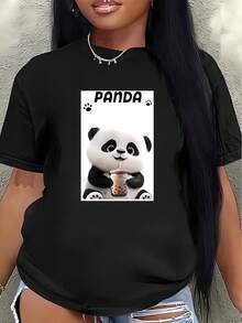 Camiseta de manga corta, ligera y duradera, con diseño de panda, perfecta para salidas informales en casa o en restaurantes, ofreciendo una experiencia de uso diario cómoda.blusas para mujer>ropa - Negro - Ver 1