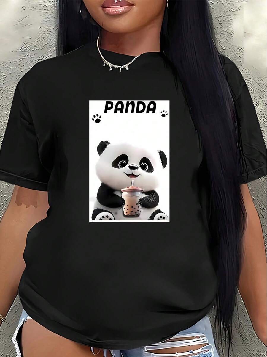 Camiseta de manga corta, ligera y duradera, con diseño de panda, perfecta para salidas informales en casa o en restaurantes, ofreciendo una experiencia de uso diario cómoda.blusas para mujer>ropa - Negro - Ver 1