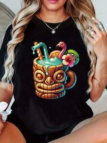 Women's T-shirt Camiseta de verano para mujer, estilo tropical y encantador, cuello redondo, manga corta, corte casual regular, top de tela de punto para primavera/verano con ligera elasticidad. - Negro - Ver 7