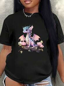 Lightweight And Durable Short-Sleeved T-Shirt With Cute Dragon And Flower Designs, Perfect For Casual Outings At Home Or A Coffee Shop. Made With Soft Fabric For Everyday Comfort. Women's Blouses > Clothing - 黑色 - 查看 7