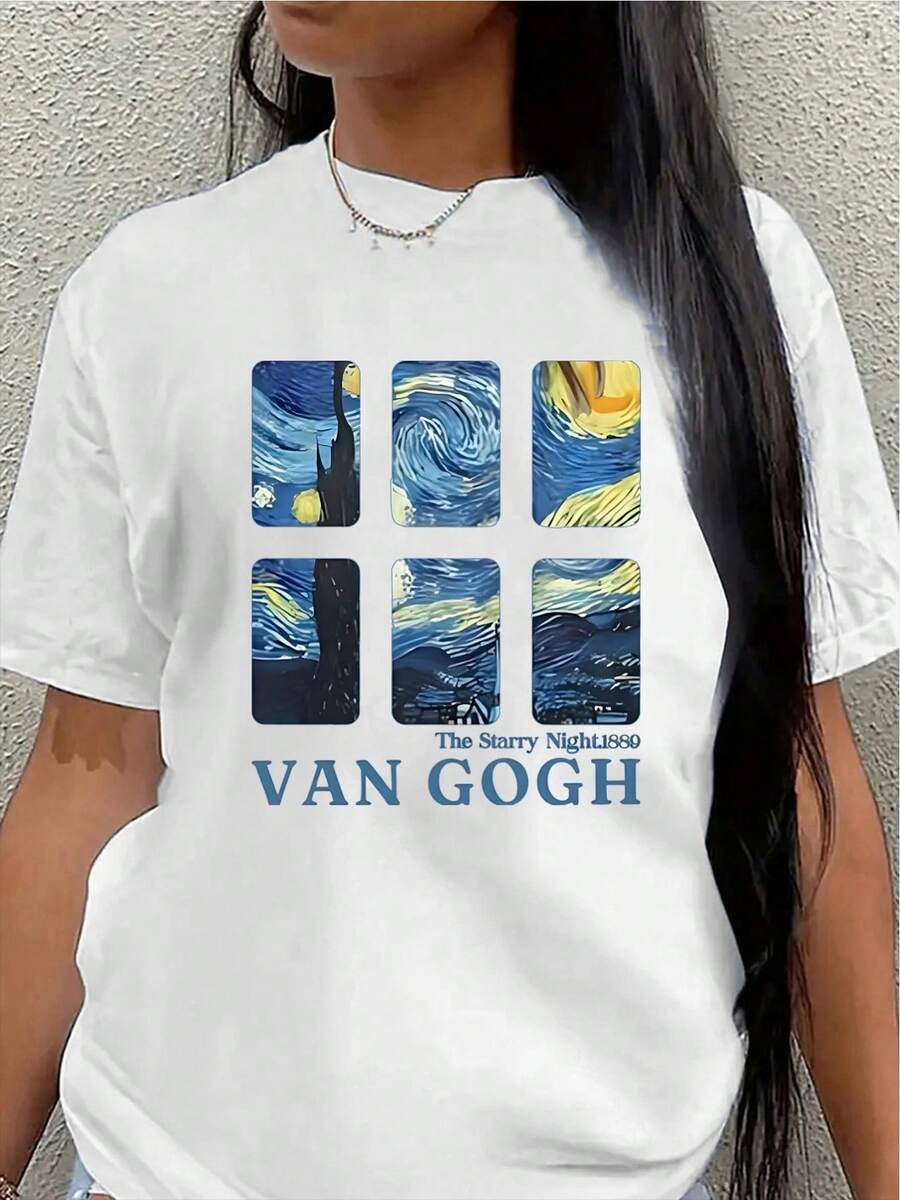 This Lightweight And Durable Short-Sleeved T-Shirt, Printed With Van Gogh's Artwork, Is Perfect For Casual Outings At Home, In Cafes, Or At Art Galleries. It Offers A Comfortable Fit, A Classic Design, And Vibrant Prints. Women's Blouses > Clothing - 白色 - 查看 1