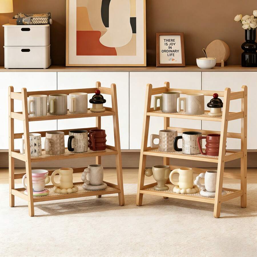 3-Tier Wood Color Trapezoidal Storage Rack, Stable Sturdy Minimalist Desktop Organizer For Home Cosmetics Cup Snack Storage - 1PC - View 1