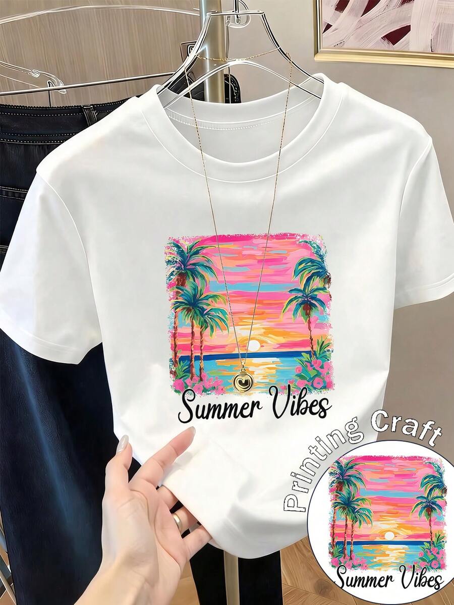 Women's Casual Shirt Print T-Shirt, Short Sleeve And Round Neck, Local Spring/Summer Urban Fashion. - Putih - View 1