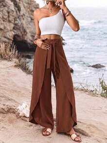 Pantalones anchos de pierna dividida de diseño de moda para uso diario, casual y elegante, de unicolor para el verano y las vacaciones - Blanco - Ver 3