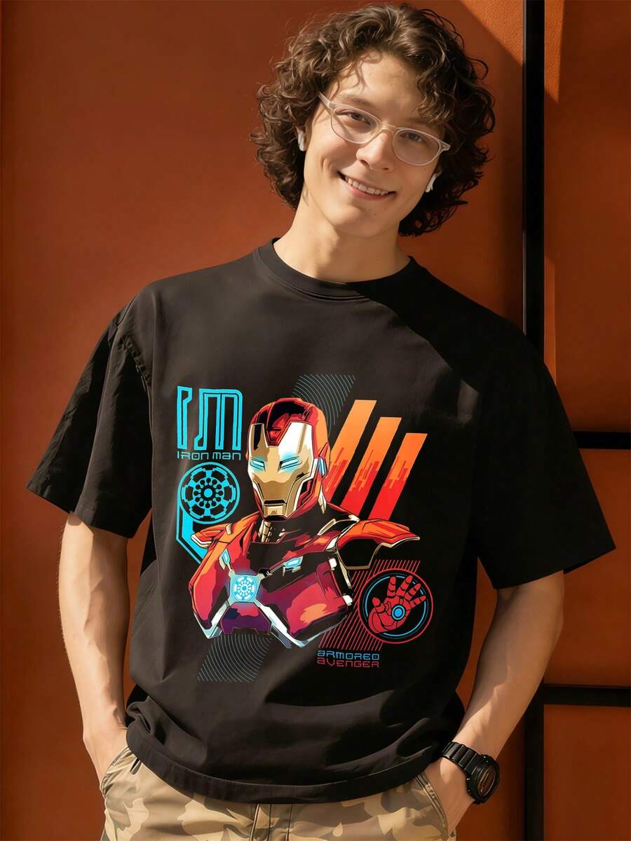 Iron Man Armor Design Graphic Graphic T Shirt 100 Percent Cotton T Shirts For Men MARVEL Marvel Universe Superhero Summer Outfits Men's Clothes Mens Tops Streetwear Mens Gift Ideas Innerwear Or Outfits,Mens Fashion - 黑色 - 查看 1