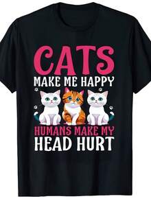 Cats Make Me Happy. Fashionable Cat Print T-Shirt For Women, A Timeless Treasure For All Seasons. Boutique Fashion T-Shirt, Casual Printed Clothing, Plus Sizes Available. - 黑色 - 查看 8