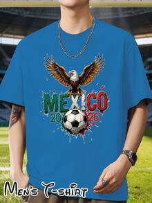[Popular Licensed Design] Short-Sleeved T-Shirt With Mexico 2026 World Cup And Eagle " Warrior Style" Print, Latin American Style, Urban Fashion, Fan Support, Wild Eagle Retro Style, Suitable For Daily Wear, Parties, Dinners, Travel And Bar Outings, A Gift For Mexican Fans. - 藍色 - 查看 3