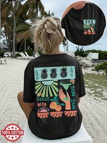 1 Piece [Double-Sided Print] Women's Casual Summer T-Shirt. Cool Style With Pineapple, Sun And Palm Print LA VITA, Short Sleeve, Round Neck, Loose Fit And Dropped Shoulders [LangK] 100% Cotton - 黑色 - 查看 7