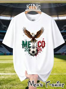 [Popular Licensed Design] Short-Sleeved T-Shirt With Mexico 2026 World Cup And Eagle " Warrior Style" Print, Latin American Style, Urban Fashion, Fan Support, Wild Eagle Retro Style, Suitable For Daily Wear, Parties, Dinners, Travel And Bar Outings, A Gift For Mexican Fans. - 白色 - 查看 7
