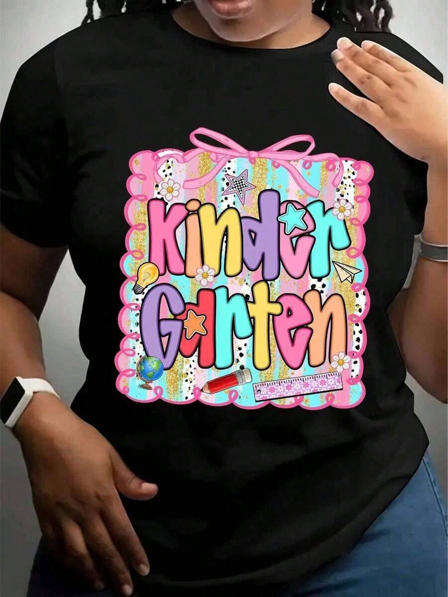Women's T-Shirt, Gift For Kindergarten Teachers, Colorful And Fun Design With School Supplies And Stars, Funny Back To School T-Shirt For Teachers And Parents - 黑色 - 查看 1