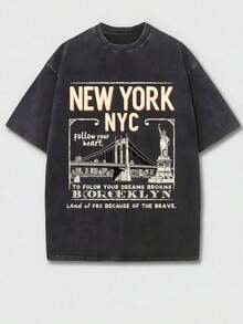 Men's Clothing; Summer T-Shirts This 230g Washed Cotton T-Shirt, With Prints Such As "New York, Follow Your Heart, Follow Your Dreams, Brooklyn, A Land Of Freedom For The - 白色 - 查看 8